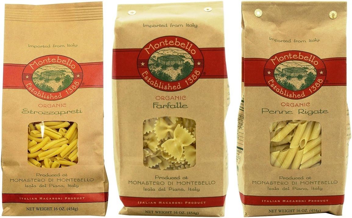 Organic Imported Italian Pasta 3 Shape Variety Bundle: (1) Strozzapreti, (1) Farfalle, and (1) Penne Rigate, 16 Oz. Ea.