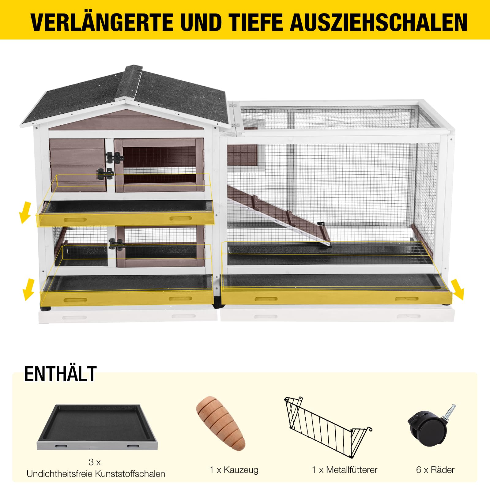 Aivituvin Hasenstall, Kaninchenstall für drinnen und draußen, Kaninchenkäfig auf Rädern, kleintierstall mit 3 tiefen, auslaufsicheren Ablagen, wasserdichtes Dach (Braun)