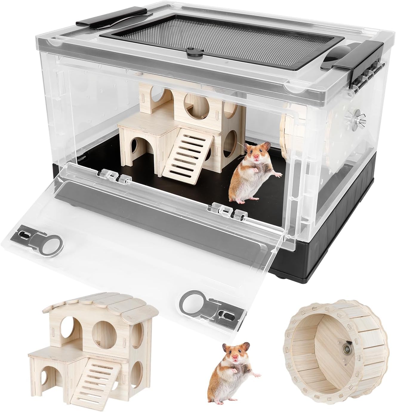 Hamster Gerbil Mice Cage & habitats: Small Animal Cage for Rabbits Guinea Pigs Chinchillas with Hamster House and Runing Wheel