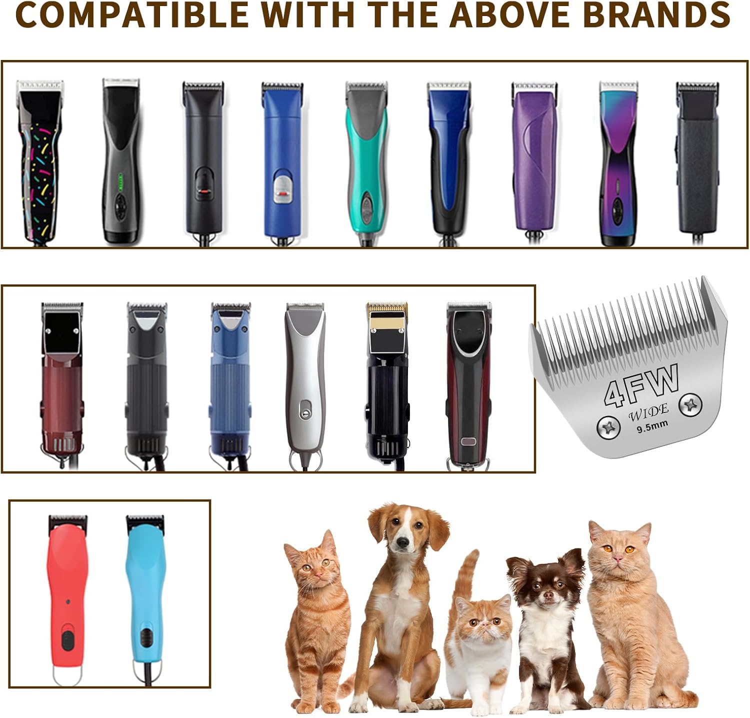 3-Pack Wide Blades for Pet Grooming, Compatible with Andis A5/Oster/Wahl KM10 Clippers, 1/8" to 3/8" Cutting Length, Replacement Blades for Dog Hair Trimming（7FW+5FW+4FW Wide）