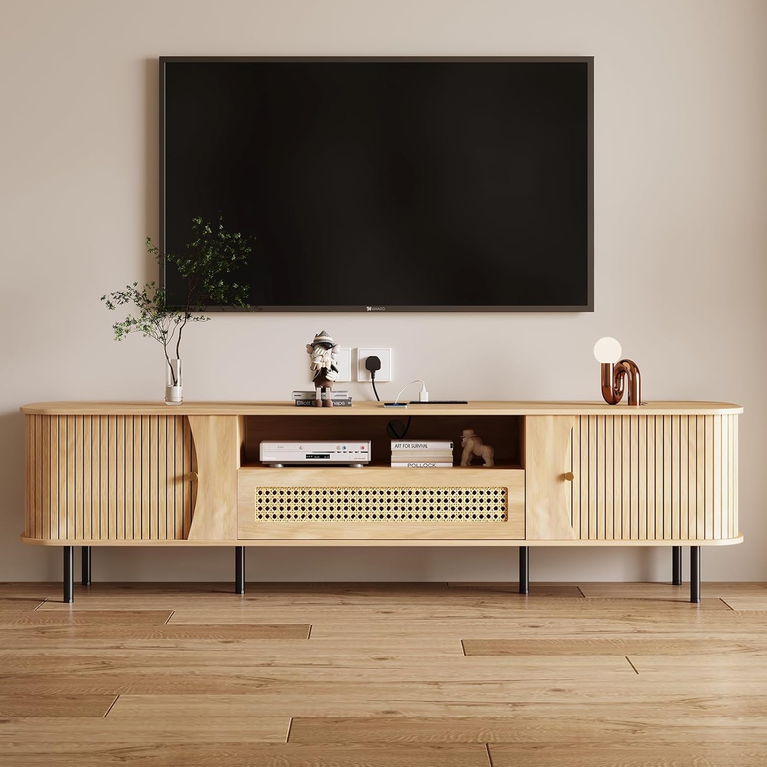 basenji Fully Assembled 71" Mid Century Modern TV Stand with Power Outlet and Sliding Doors, Rattan Entertainment Center with Storage, Wood Media Console,TV Consoles for Living Room, Wood