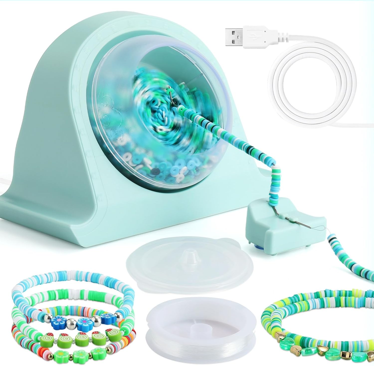 Automatic Clay Bead Spinner Bowl Electric Bead Spinner for Jewelry Making, Automatic Bracelet Maker with Needle and Thread for DIY Seed Beads(Blue)