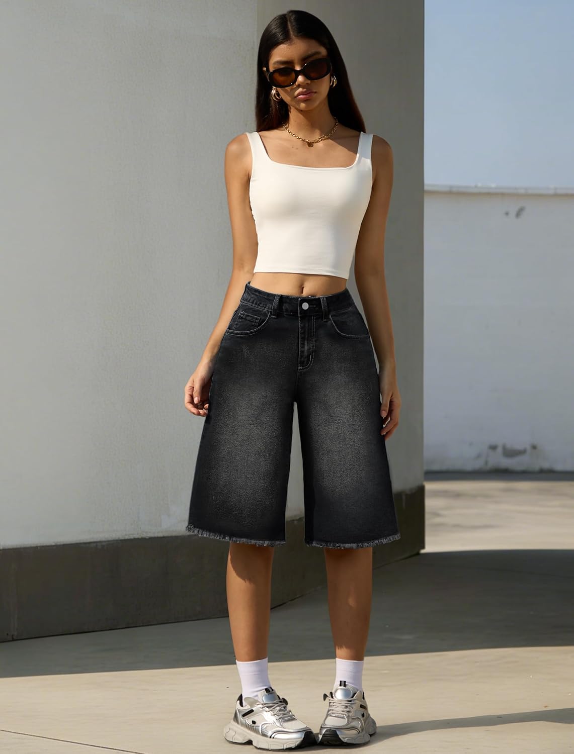 IWD Wide Leg Bermuda Jean Shorts Womens Mid Rise Stretchy Vintage Denim Y2K Shorts Raw Hem Baggy Jean Jorts - Image 4