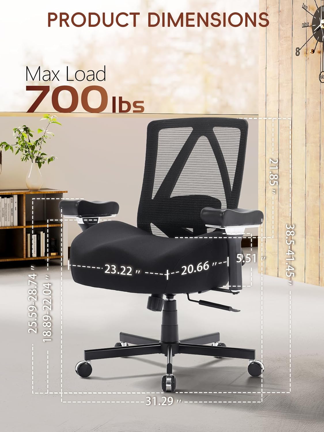 Big and Tall Office Chair 700lbs, Ergonomic Desk Chair with W Wide Thick Cushion, Executive Mesh Office Chair with Adjustable Lumbar Support & 4D Armrest, Computer Task Chairs for Heavy People, Black