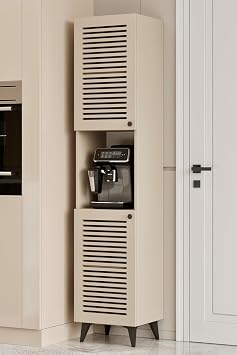 Furnitt Home Multi-Purpose High Cabinet with Open Shelf with Shutter Cover – 185x40x37 cm White, Grey, Beige/Sandstone | Kitchen, Bathroom and Storage Cabinet (Beige)