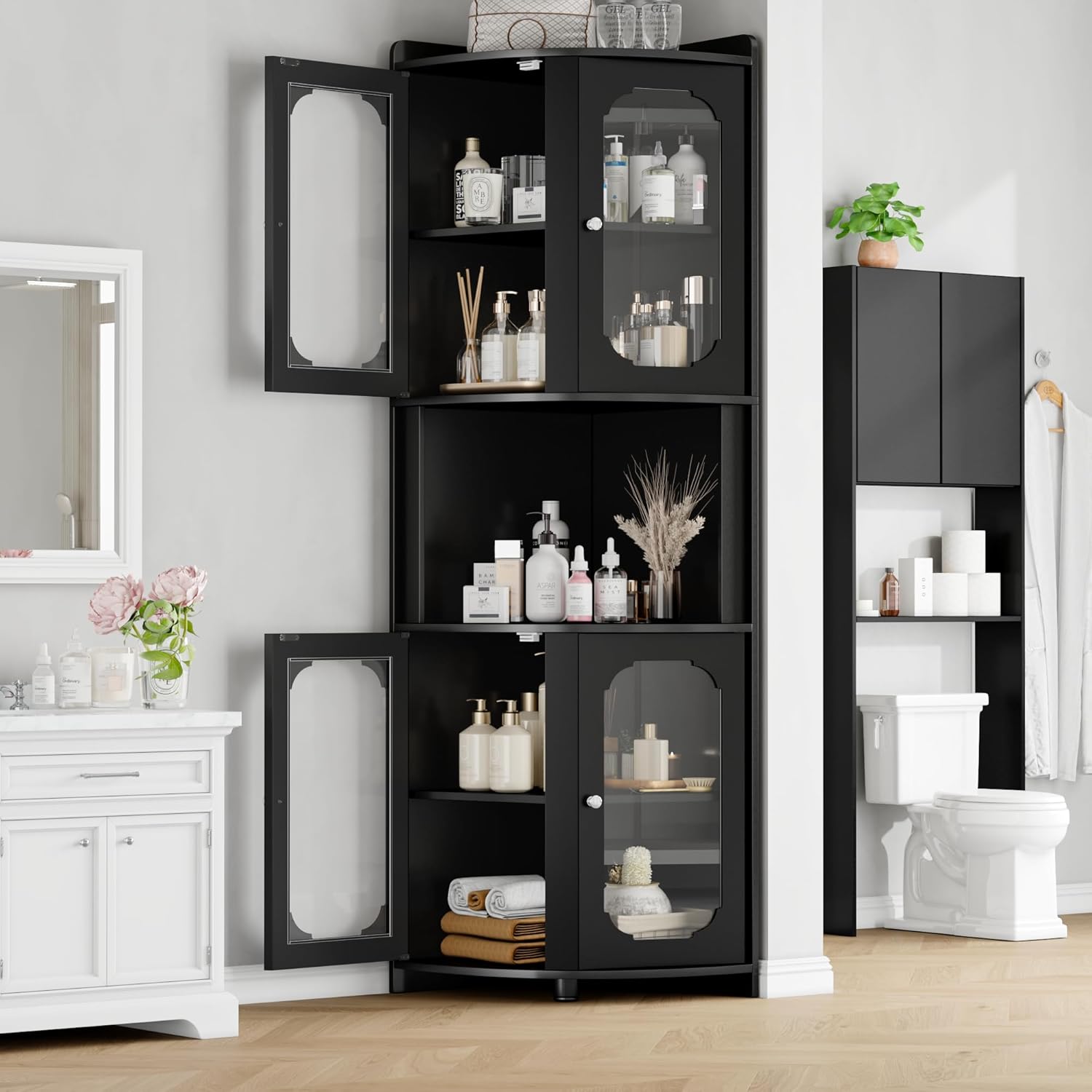 Keyluv Corner Cabinet 69" Tall Storage Cabinet with 5-Tier Shelves Bookcase Glassed Doors Display Corner Hutch, Modern Wooden Storage Organizer for Living Room, Bathroom, Home Office, Kitchen, Black