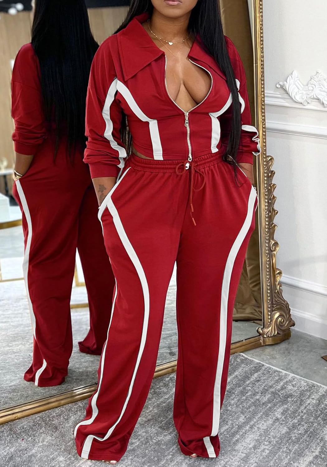 Famnbro Women 2 Piece Lounge Sets Stripe Zip Up Cropped Sweatshirts and Wide Leg Sweatpant Sweatsuit Tracksuit Matching Set