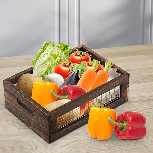 Miniatura 4 de Dicunoy Juego de 2 cajas nido rústicas, cesta organizadora de madera, pequeños recipientes decorativos de alambre de madera con asa para encimera,