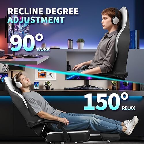 Miniatura 5 de Silla de juegos de piel sintética, silla de oficina ergonómica con reposapiés y soporte lumbar, cómodas sillas de computadora de respaldo alto para