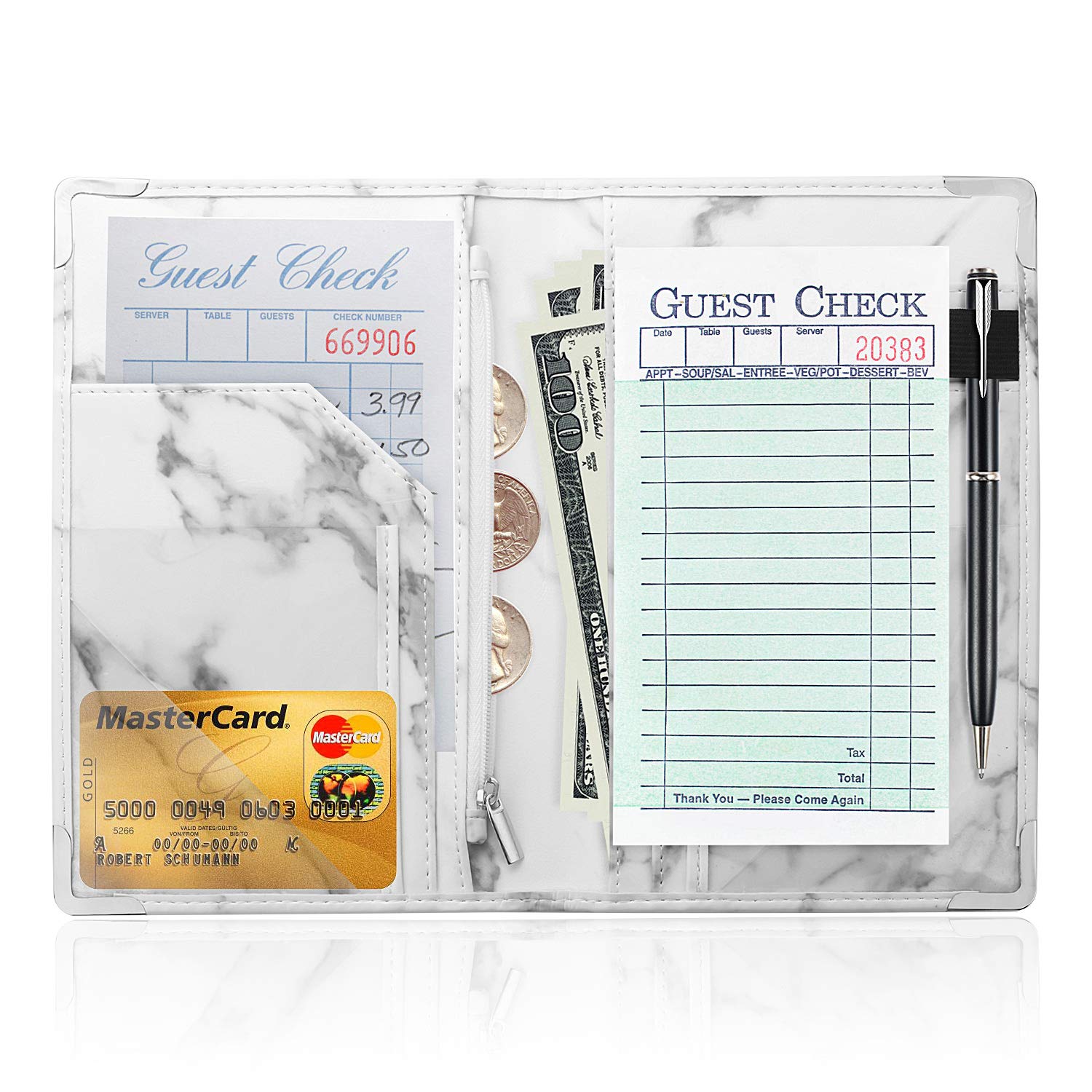 Super Big Clearance! Marble Style Server Book - Nine Pockets - Zipper Pouch - Pen/Order Pad/Card Holder - Classy White - PU Leather Flaps - Signature Style - Deluxe Elegant
