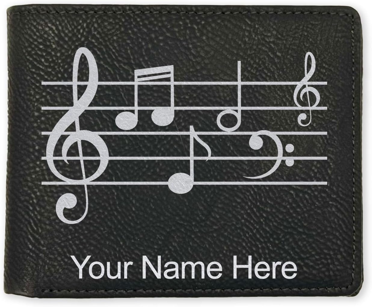 LaserGram Faux Leather Bi-Fold Wallet, Music Staff, Personalized Engraving Included (Black with Gold)