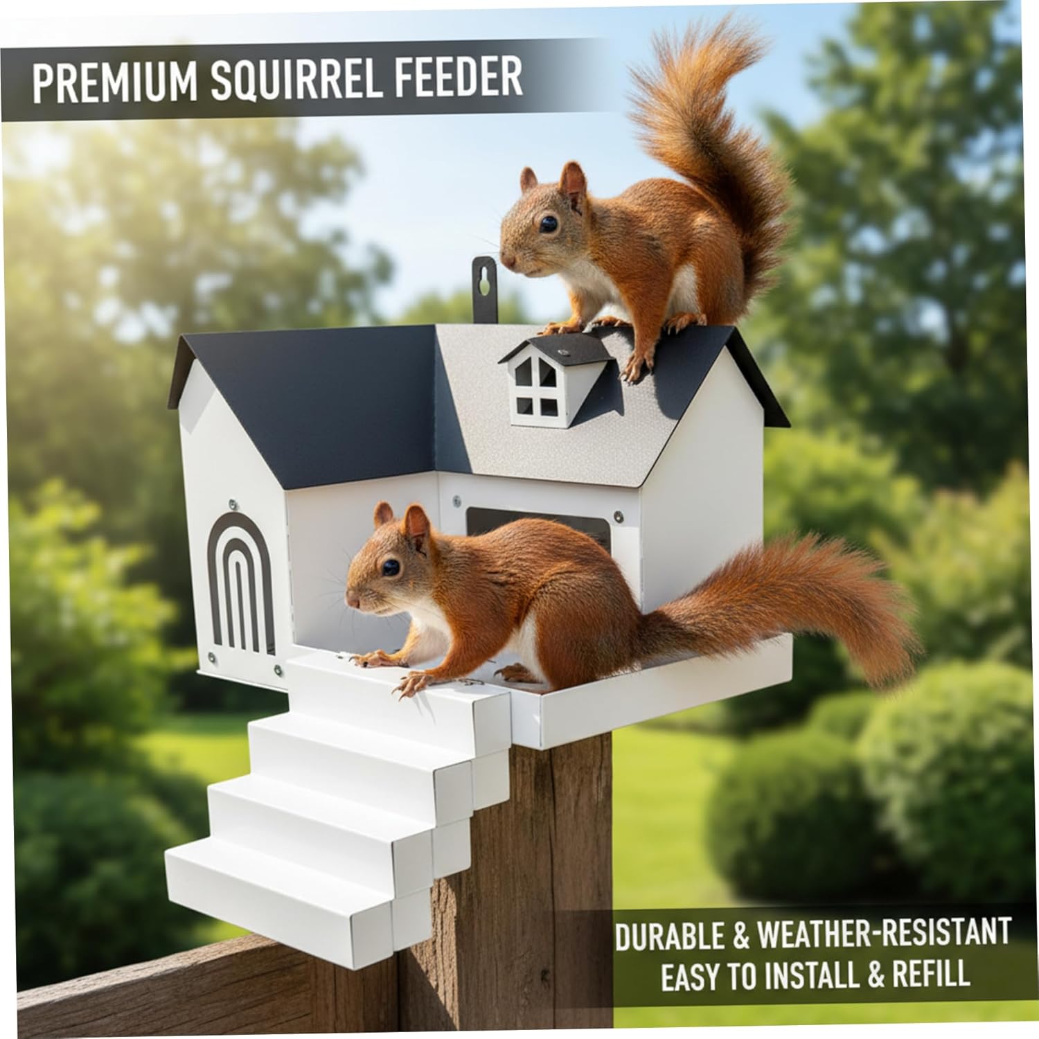 Squirrel Houses for Outside, 9.4×7.3×6.4" Iron Squirrel Feeder with Clear Window & Step for Backyard, Garden, Outdoor