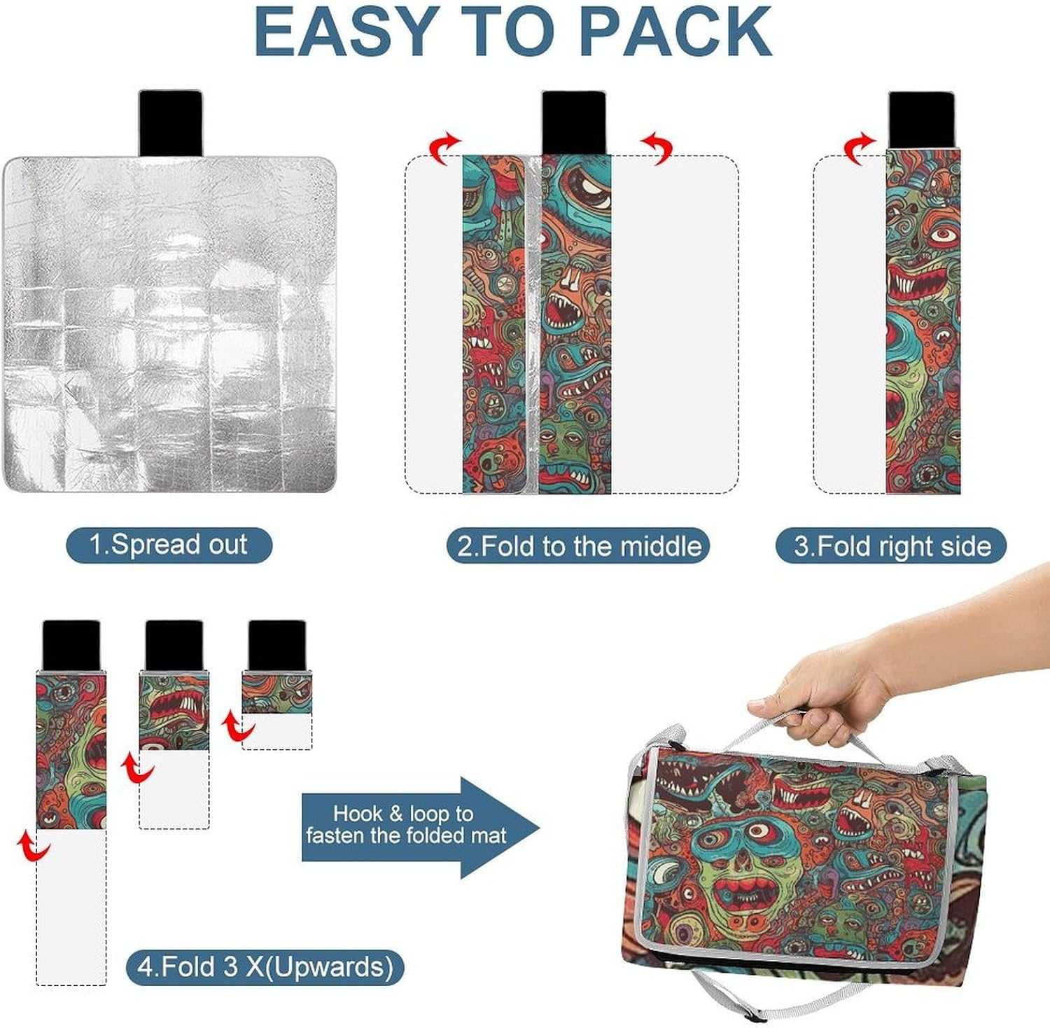 Abstract Monster Waterproof Picnic Blanket 58.3''x58.3'',Portable and Foldable Picnic Mat with Handle,Outdoor Blankets for Lawn Park Beach Travel