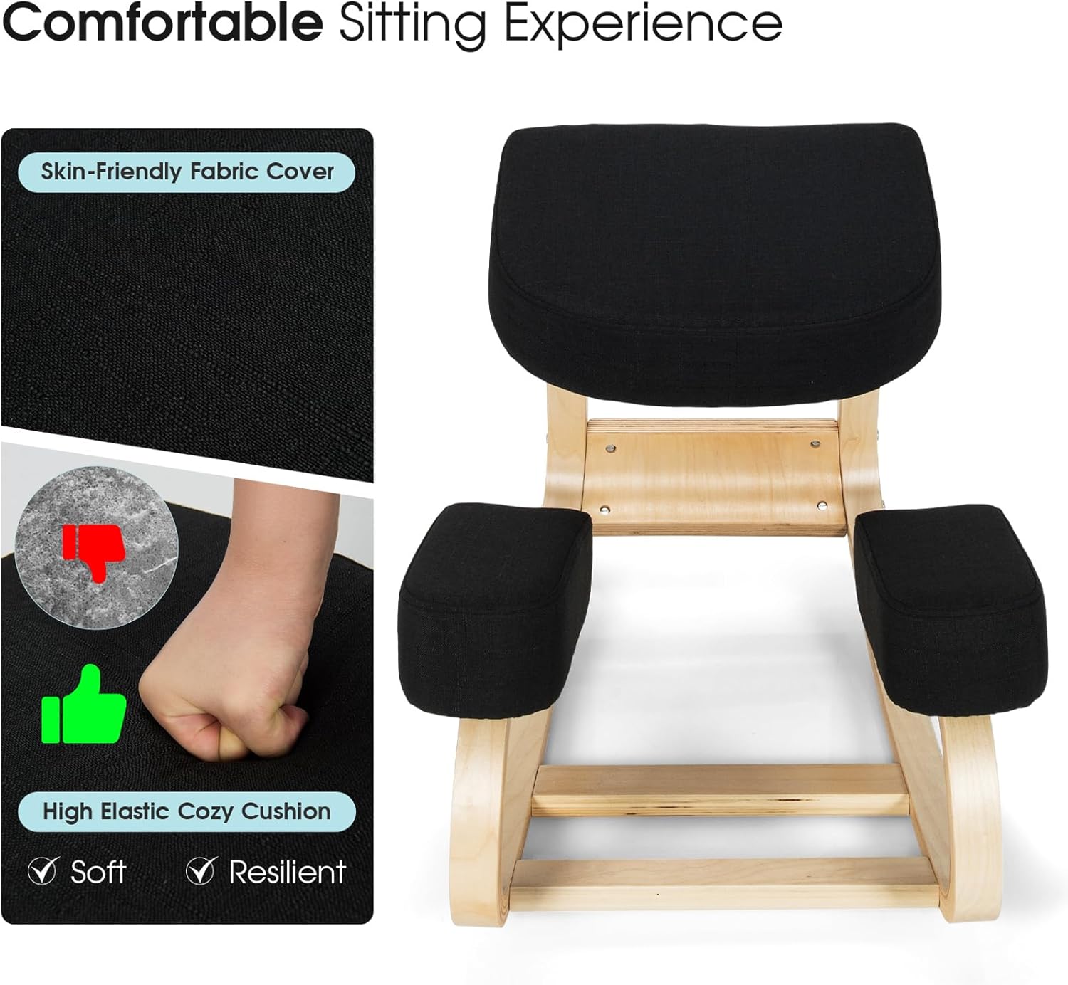 Ergonomic Kneeling Chair, Rocking Posture Desk Chair with Soft Padding, Natural Relief for Neck, Shoulder or Back Pain, Wooden Knee Chair for Home Office