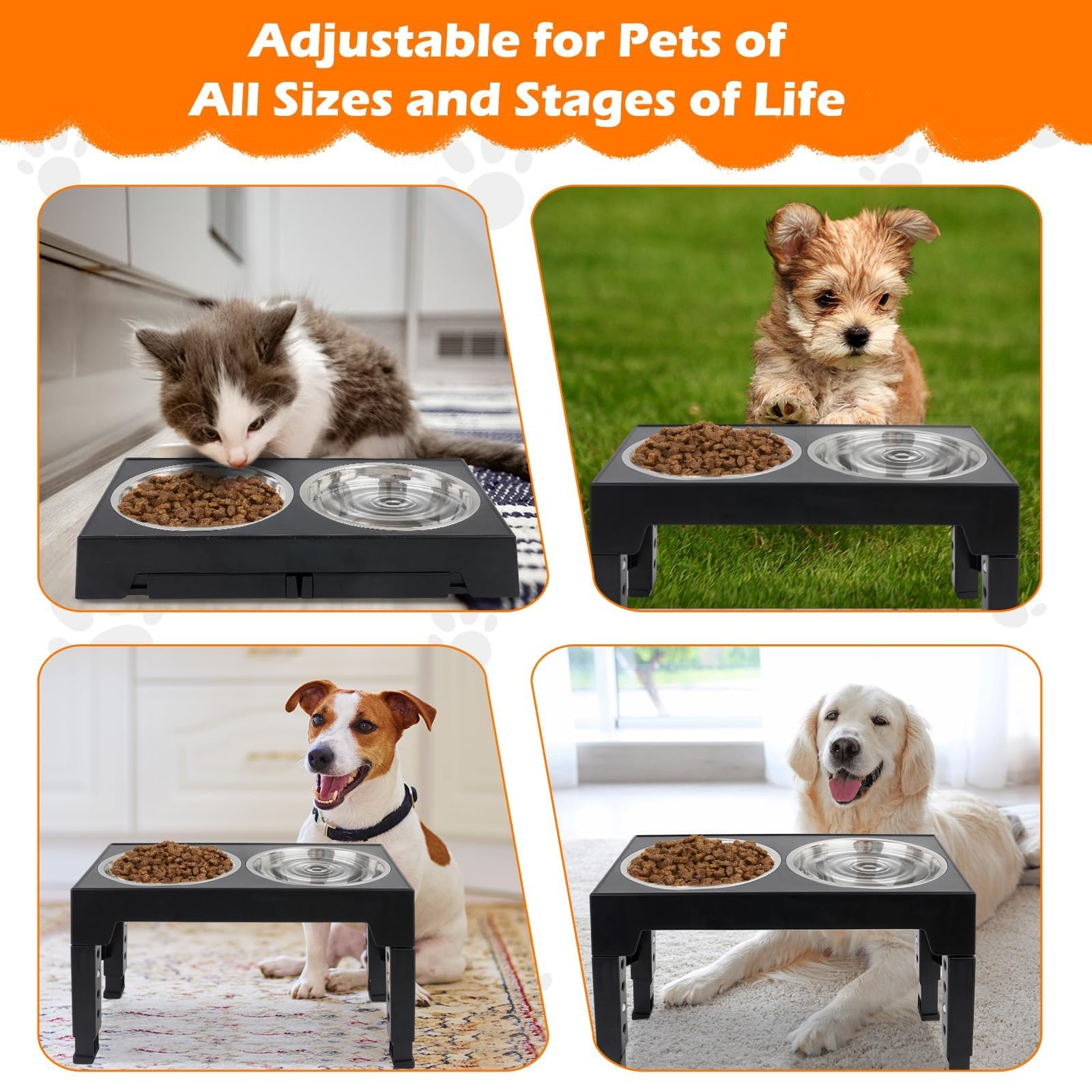 Gamelle Surélevée pour Chien et Chat - 5 Hauteurs Ajustables, 2 Mangeoires INOX Anti-Éclaboussure, Support Antidérapant pour Petits, Moyens et Grands Animaux