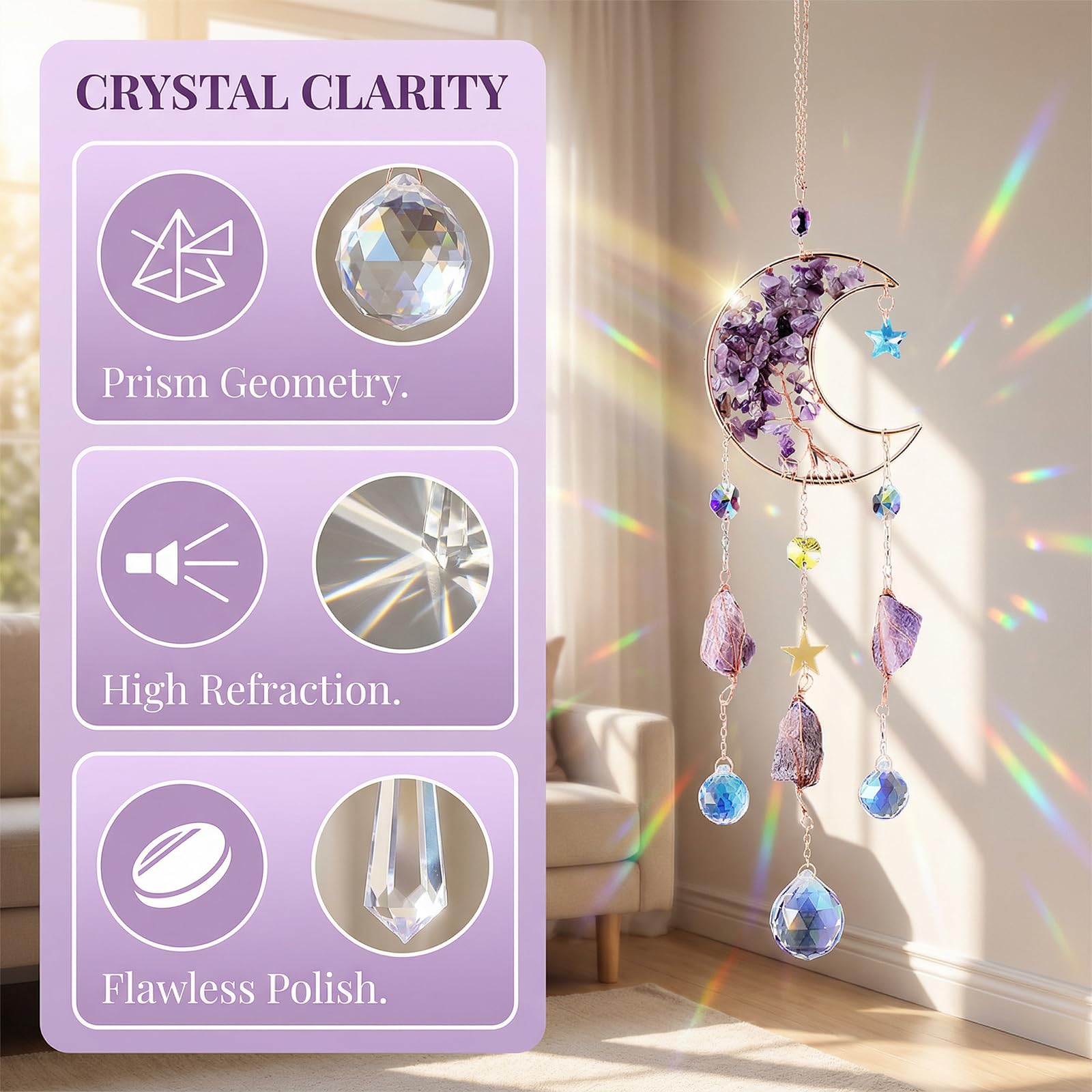 Atrapasoles Cristal Colgante 40cm, Luna y Estrella, Bola de Cristal, Cristales para Colgar, Campana de Viento para Casa Jardín Oficina Ventanas Campanas Coche Fiesta Boda Decoración, Regalos Mujeres