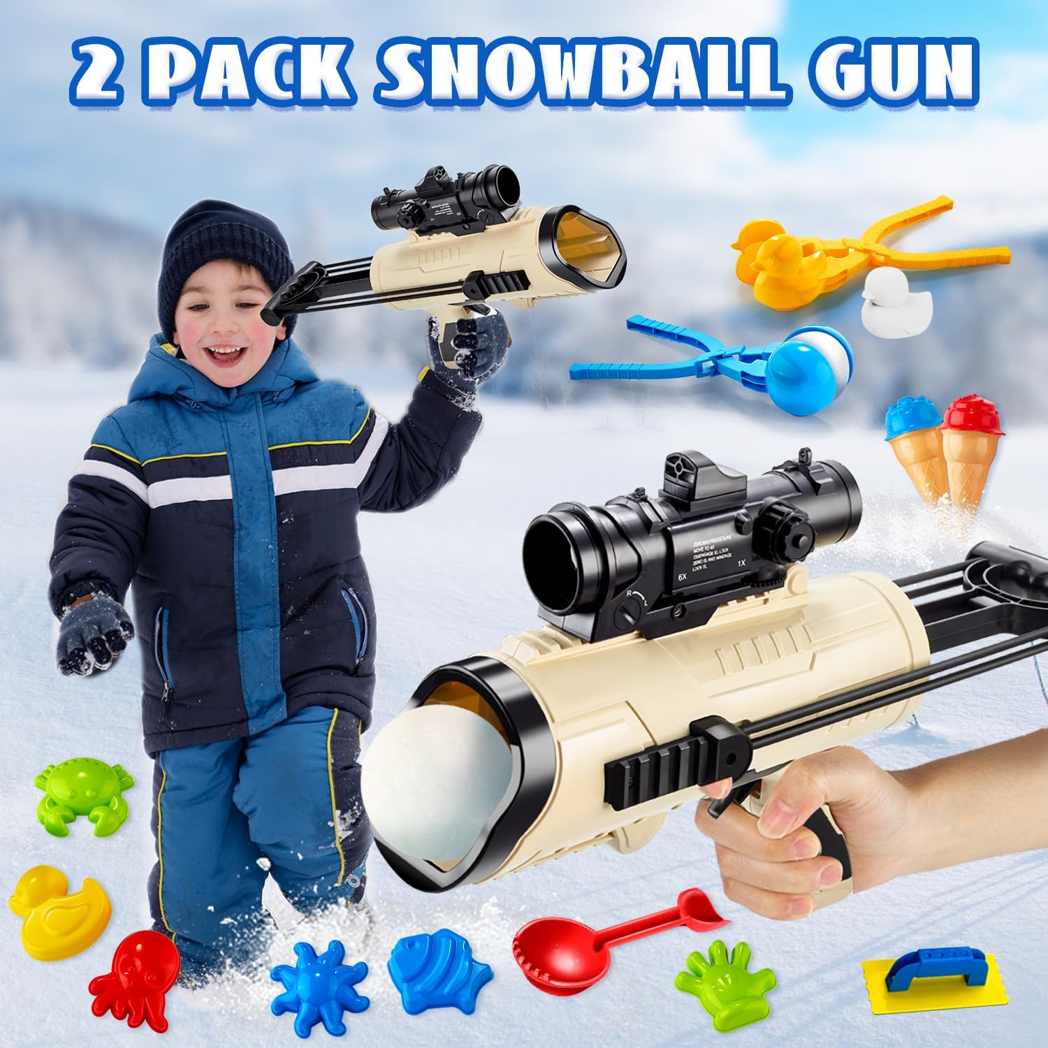 Snow Toys-Snowball Maker Toy for Kids 28 Pcs Winter Outdoor Toys with Snowball Launcher Gun, Duck Snowball Maker, Animal Sand Molds Beach Toy for Toddlers Kids Boys Girls