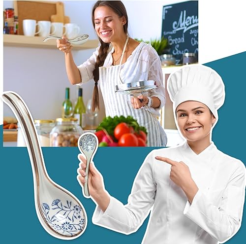 Miniatura 4 de 6 cucharas de sopa asiáticas de 6.5 pulgadas, cuchara de sopa de cerámica asiática con mango largo, cucharas de sopa chinas para cocina, bolas de