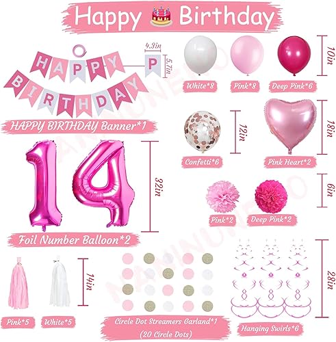 Miniatura 6 de Decoraciones de cumpleaños número 14 para niñas, globos de feliz cumpleaños rosa y blanco, suministros de fiesta de cumpleaños 14 para hija, sus