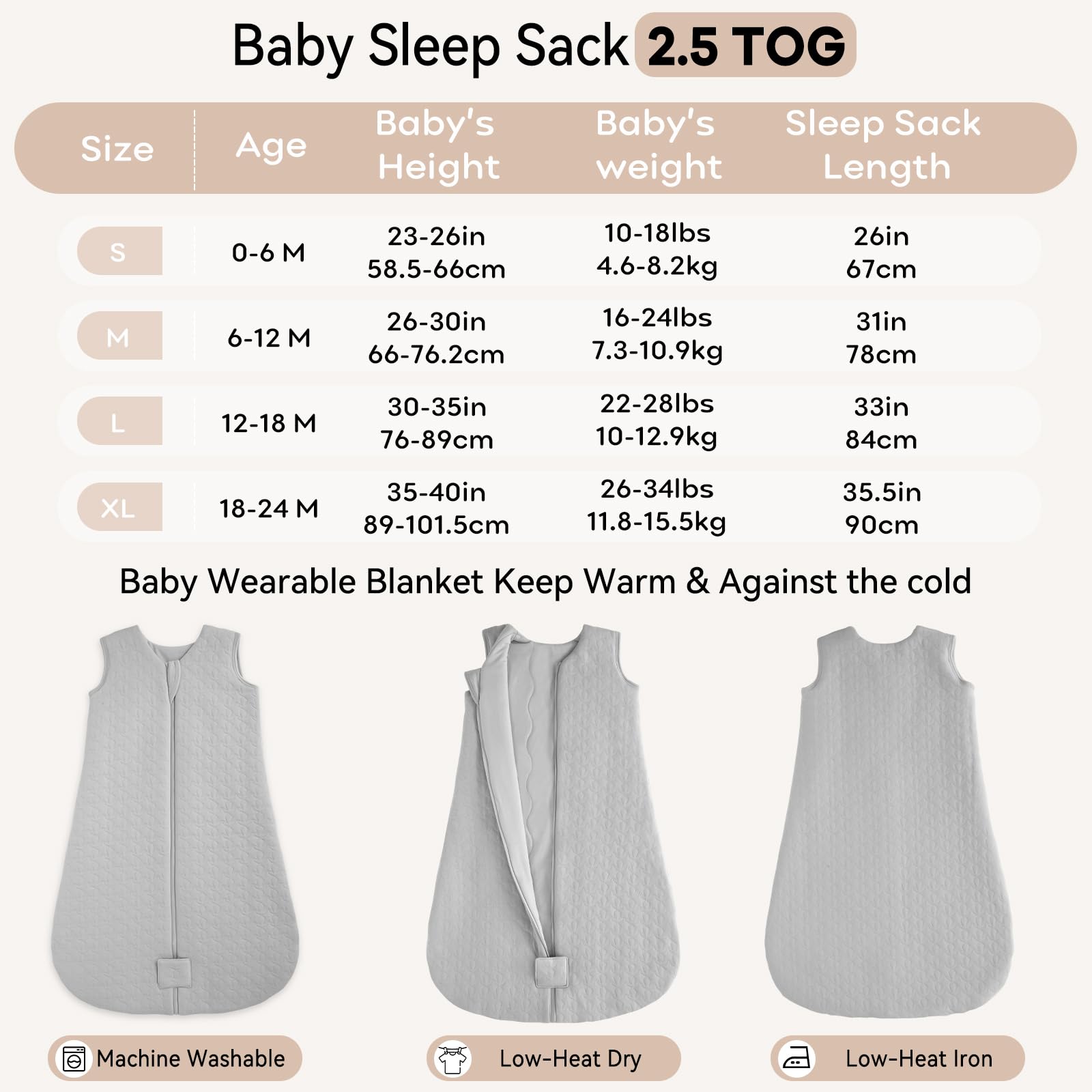 Unnivoll Sacco Nanna Invernale 0-6 Mesi - Sacco Nanna Neonato 2,5 Tog per Bambini, Tessuto 100% Cotone, Primavera Estate Inverno Autunno Cenere