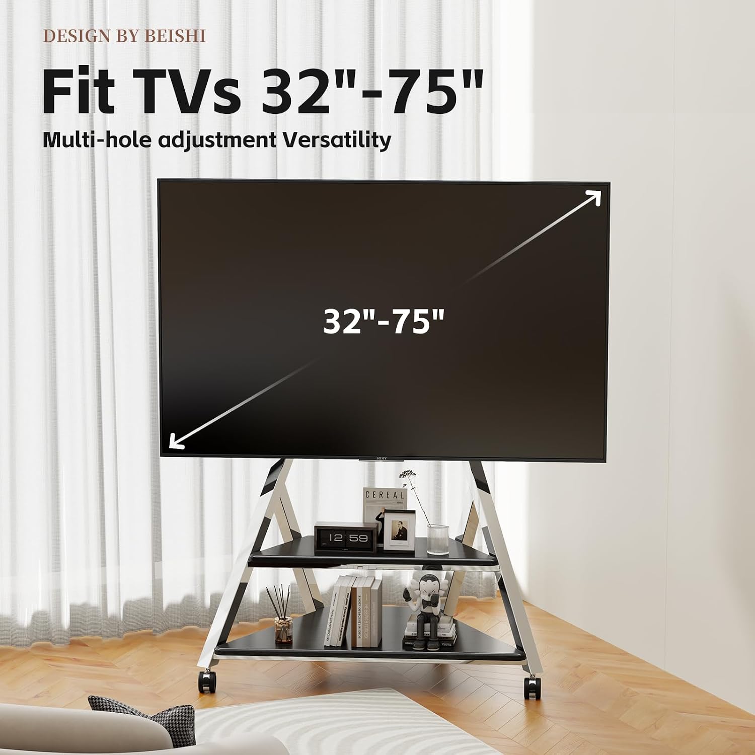 Stainless Steel Art Rolling TV Cart with Wheels for 32-75 Inch TVs