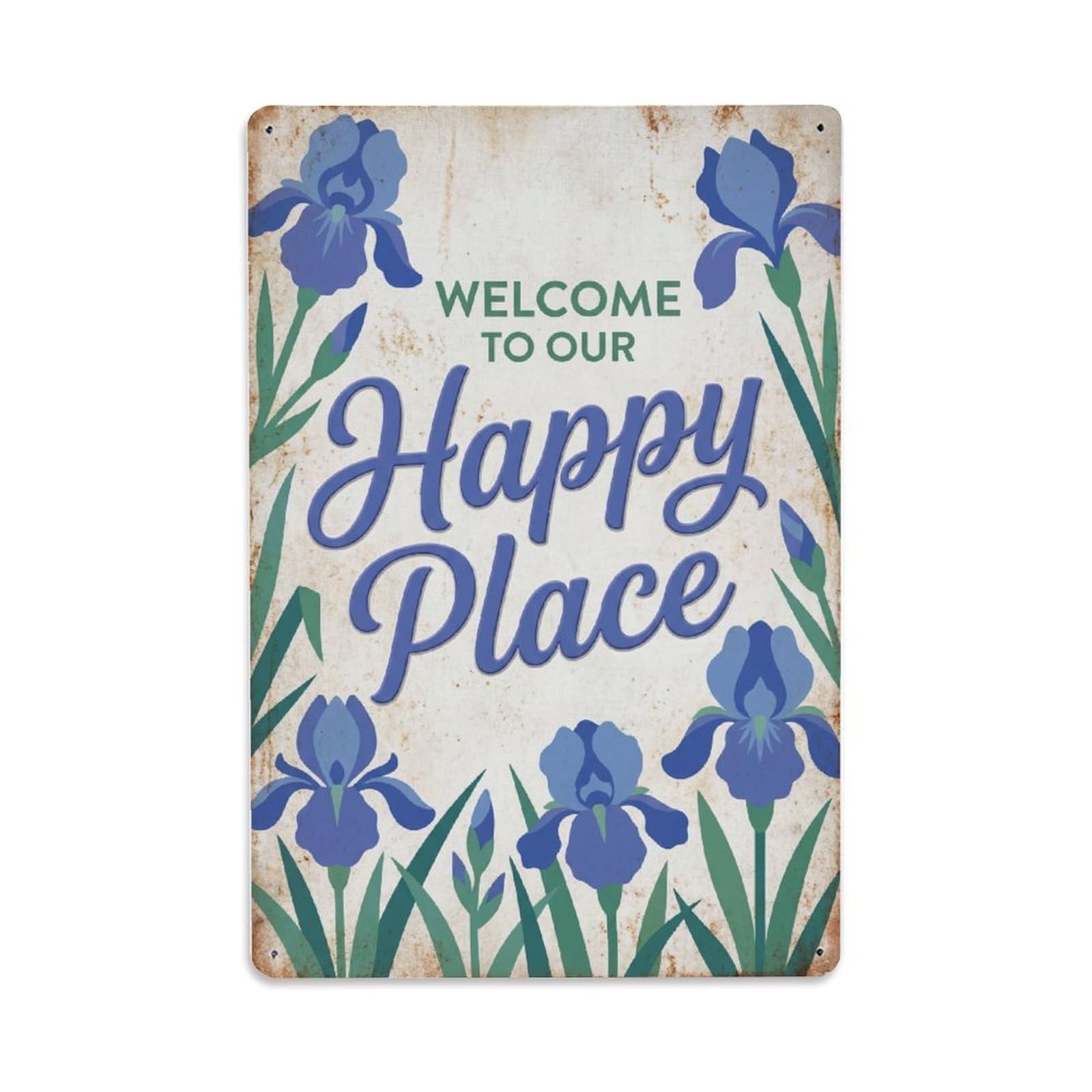 Welcome To Our Happy Place Iris Pond Metal Tin Sign Plaque Wall Decor for Cafe, Club Bar, Office, Home Garden Metal Poster 8x12Inch