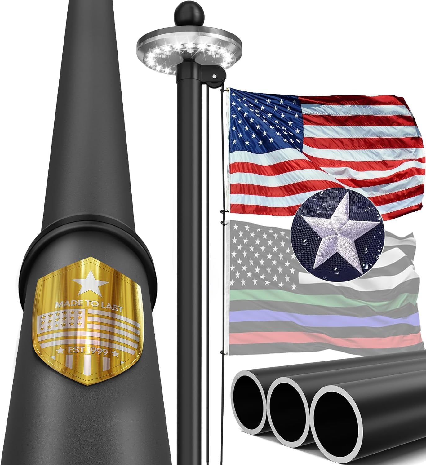 25FT Heavy Duty Flag Pole – Wind-Resistant Tapered Design, 2.7" Large Bottom Tube, Aluminum Residential Flagpole Kit with Solar Light, USA Flag, Complete Set, Great Gift Choice Black 25FT(with Solar Light)