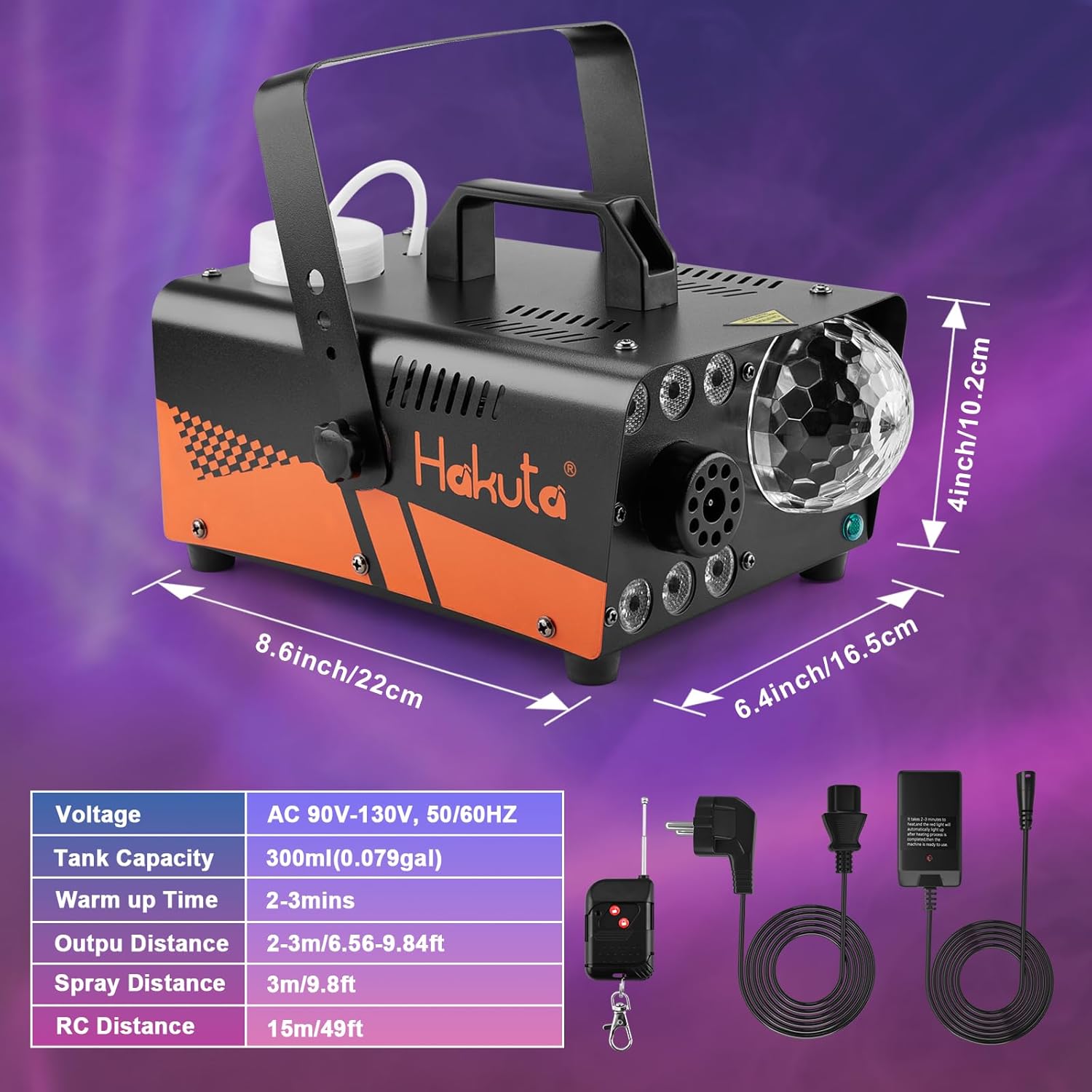 HAKUTA Fog Machine, Smoke Machine with Disco Ball Light and LED RGB Lights, 3000 CFM Spray with Auto Spray Function, Great for Halloween, Christmas, Wedding, Stage Performance and Parties
