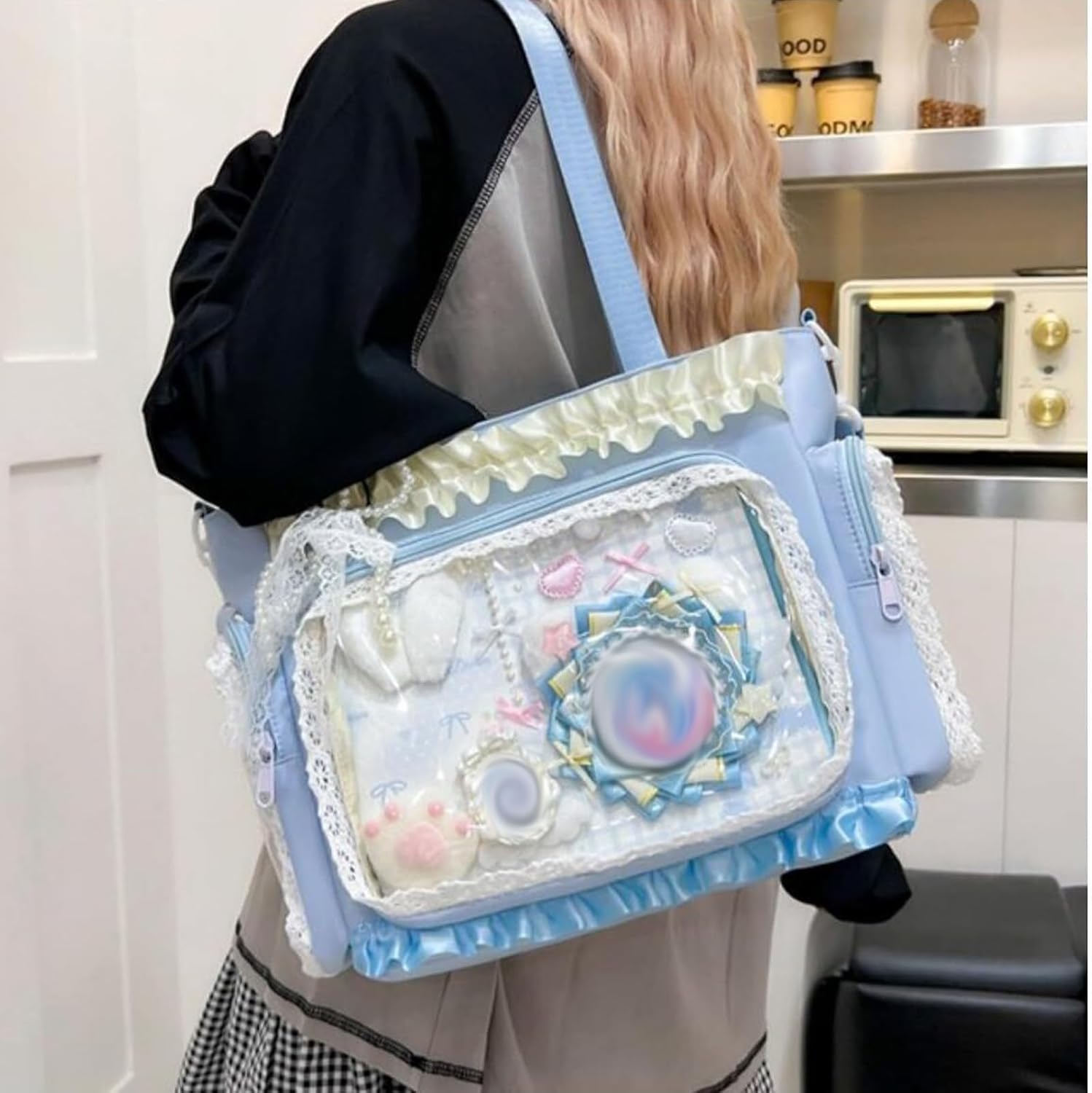 Lace itabag ruffle Shoulder Purse， Pin display bag with Insert Anime badge Display