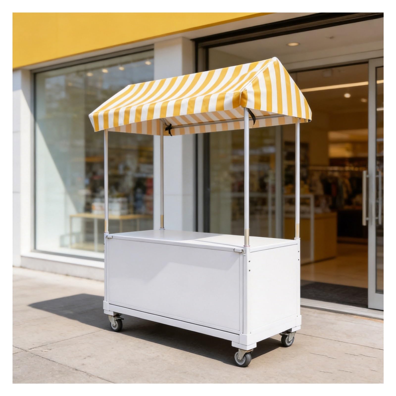 bacedifo Metal Market Stall Display Rack, Lockable Swivel Casters, Foldable Outdoor Markets Cart, Striped Canopy, Semi-enclosed Storage Cabinet, Product Display Stalls
