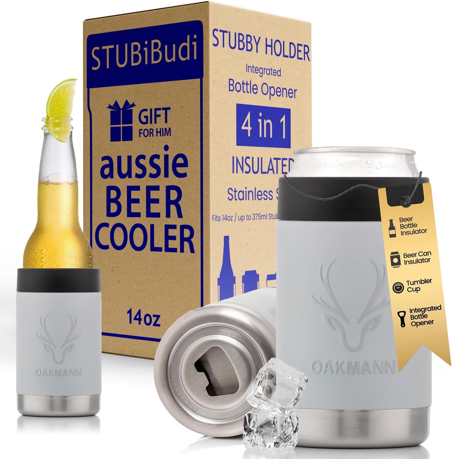 STUBiBudi Stubby Holder, Beer Cooler & Bottle Opener, 4 in 1 Can Cooler Stubby Cooler 375ml Bottles Cans & Tumbler | Stainless Steel Insulate Bottle Holder Beer Gifts for Men | Beer Holder (Mist Grey)