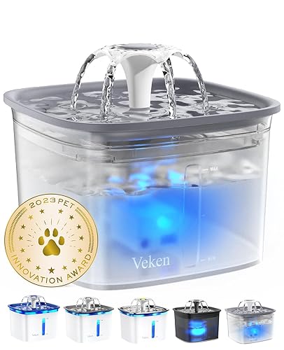 Veken Innovation Award Winner 95oz/2.8L Pet Fountain, Automatic Cat Water Fountain Dog Water Dispenser with Replacement Filters for Cats, Dogs, Multiple Pets (Transparent Grey, Plastic) - Transparent Grey - Plastic