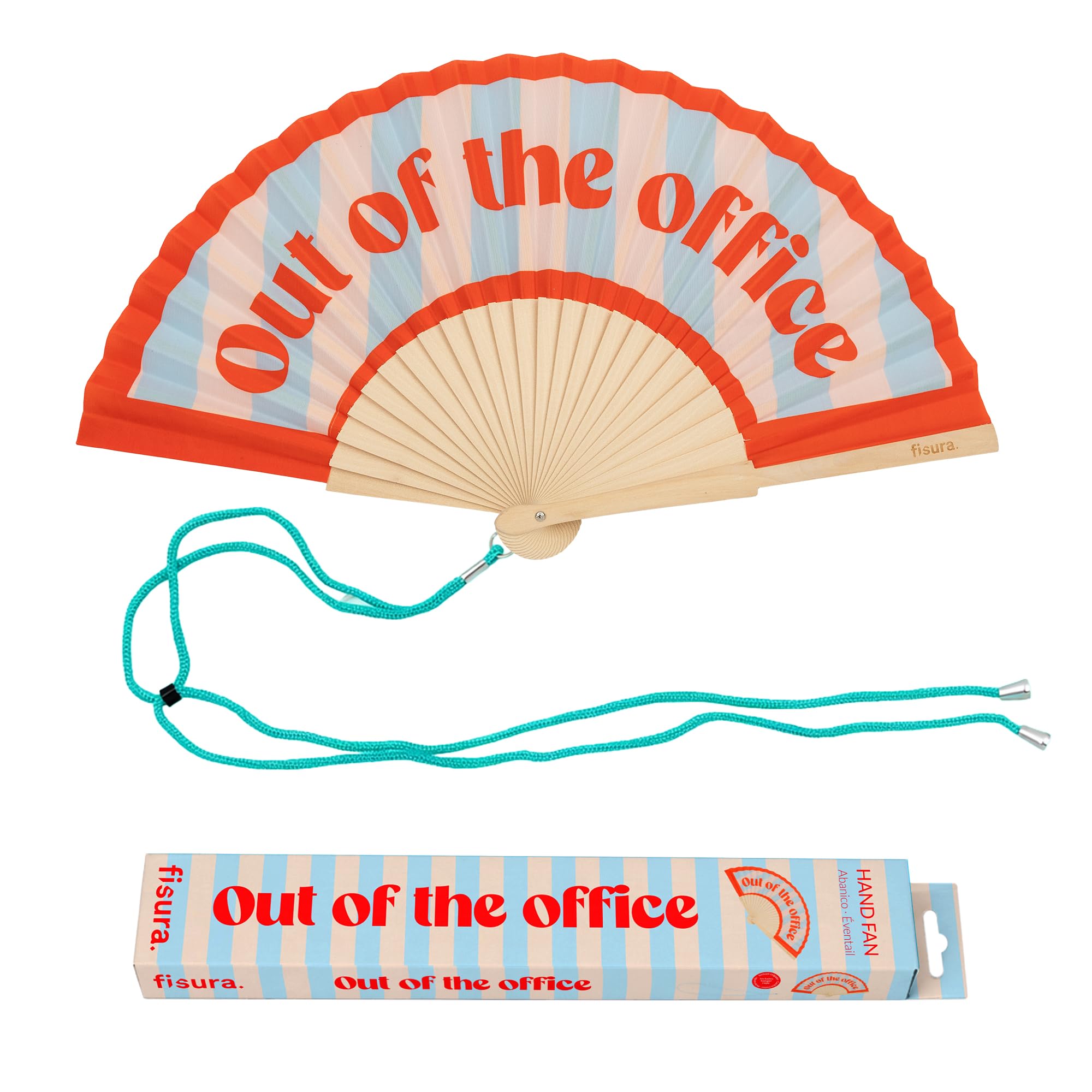Fisura – Original “Out of the Office” Message Folding Fan, Modern and Colourful Folding Handheld Fan, Blue & Red Design for Wedding, Rave, Festival - Includes Strap. Size: 42.5 x 23 cm — image 1