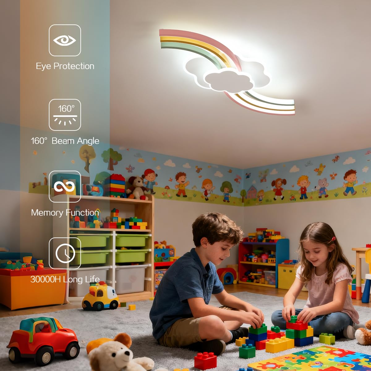 Lámpara de techo para habitación infantil 62 cm, luz LED con mando a distancia, nube creativa, lámpara de techo arcoíris, 3000 K-6000 K, intensidad variable, temporizador y luz nocturna para