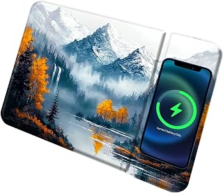 Wireless Mouse Pad, 15W Wireless Charging Computer Mat, Waterproof Surface Blotter Kickstand Non-Slip Small Mouse Keyboard Pads for Office Gamer Laptop Desk Protector, Maple Mountain Range