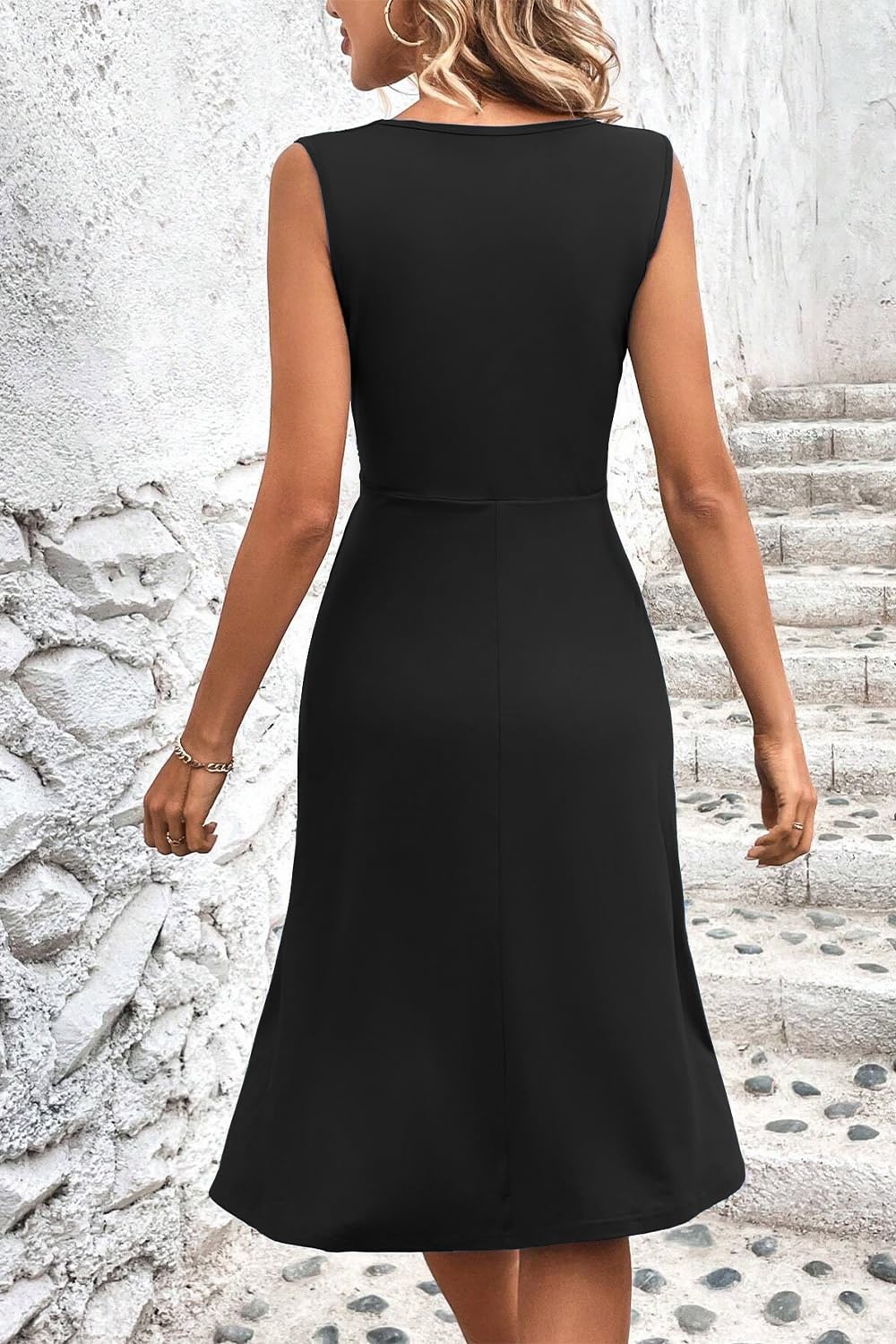 Robe d'été pour Femme sans Manches, col V croisé, Plis à la Taille, Coupe A midi, Robe décontractée pour Tous Les Jours, Plage et soirée