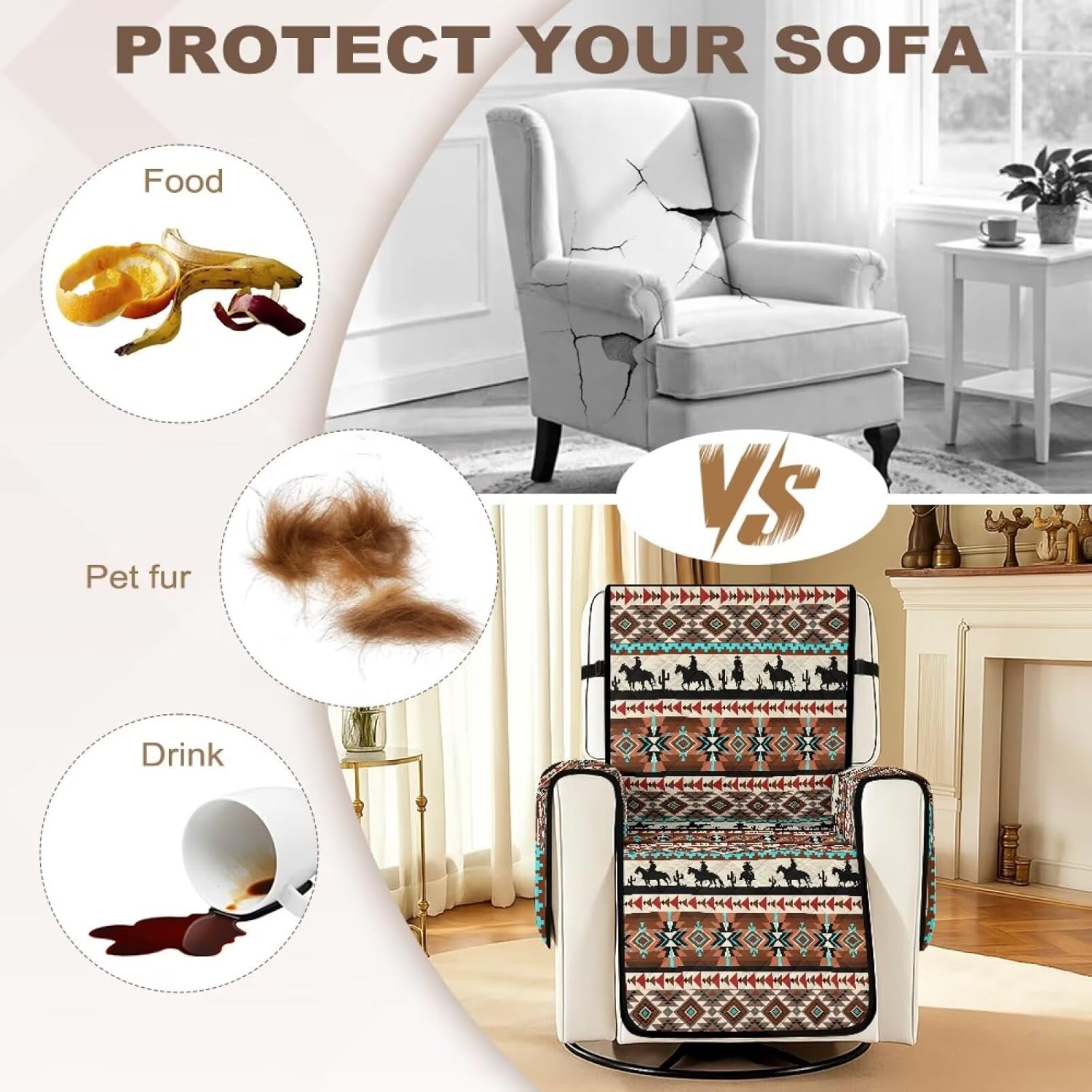 ZDCUSTOM Non-Slip Recliner Chair Cover Aztec Tribal Cowboy Sofa Slipcover, Comfy Recliner Chair Protectors with Elastic Straps, Washable Reclining Chair Covers for Kids, Pets