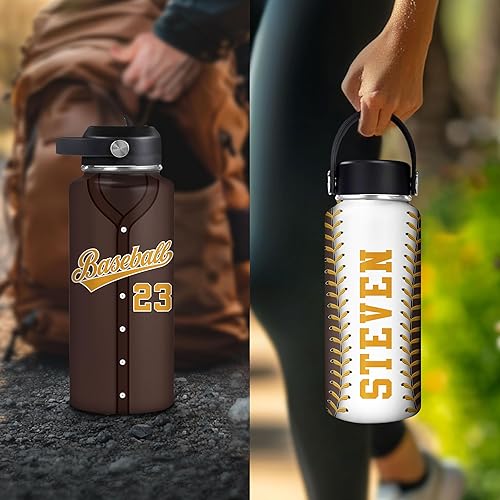 Vista 107 de Hyturtle Botella de agua de béisbol personalizada, botella de acero inoxidable aislada de viaje con tapa a prueba de fugas, 18 onzas, 32 onzas