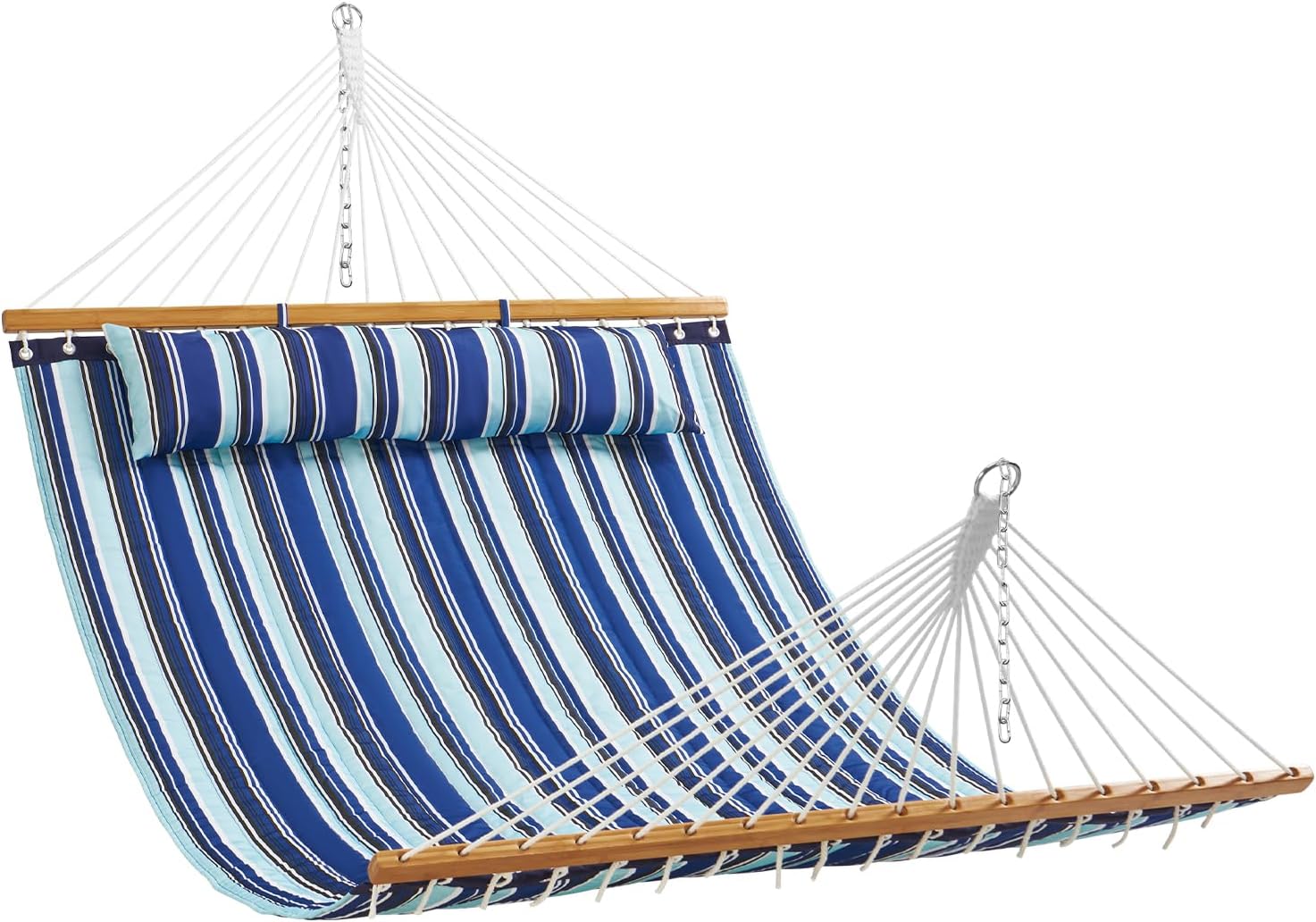 VEVOR Double Quilted Fabric Hammock, 12 FT Double Hammock with Hardwood Spreader Bars, 2 Person Quilted Hammock with Detachable Pillow and Chains for Camping Outdoor Patio Yard Beach, 480 lbs Capacity
