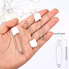 50 Pieces Diaper Pins Safety 2.2 Inch Plastic Head Cloth Diaper Nappy Pins with Locking Closures Stainless Steel with Velvet Bag(White)