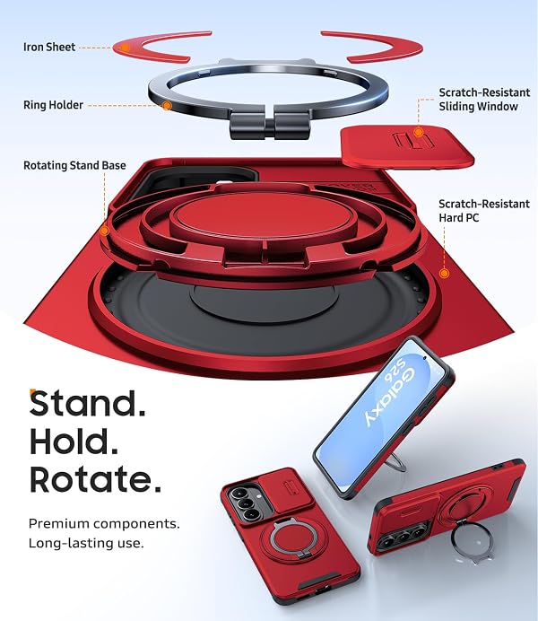 JAME for Samsung Galaxy S26 Case, Ring Holder Stand Kickstand, Slide Camera Cover with Screen Protector, Dual-Layer Shockproof Protective, Magnetic Accessory Friendly Galaxy S26 Phone Case, Red by JAME - Used condition - Image 7