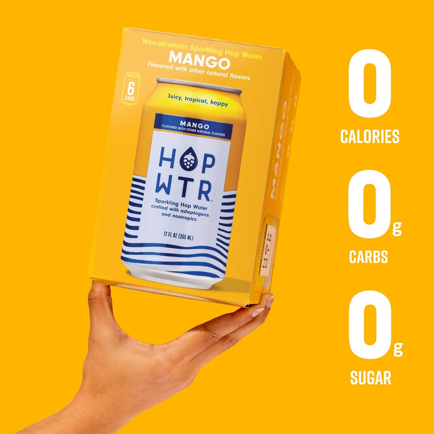 HOP WTR Sparkling Hop Water, Mango 12 Pack, Sugar Free, Low Carb Non Alcoholic Drinks, NA Beer, Adaptogen Drink, No Calories, Adaptogens & Nootropics for Added Benefits, 12 oz Cans