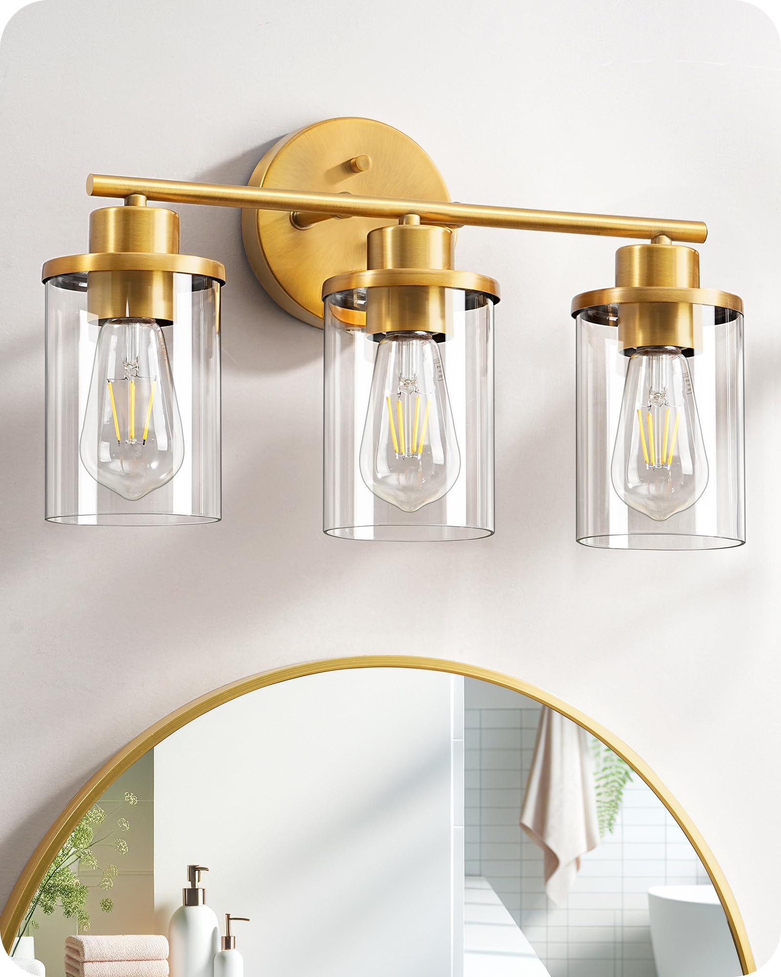 EDISHINE Bathroom Light Fixtures, 3 Light Gold Bathroom Vanity Light Over Mirror, Brushed Brass Wall Sconce with Clear Glass Shades for Vanity Table, Mirror, Kitchen (E26 Base)