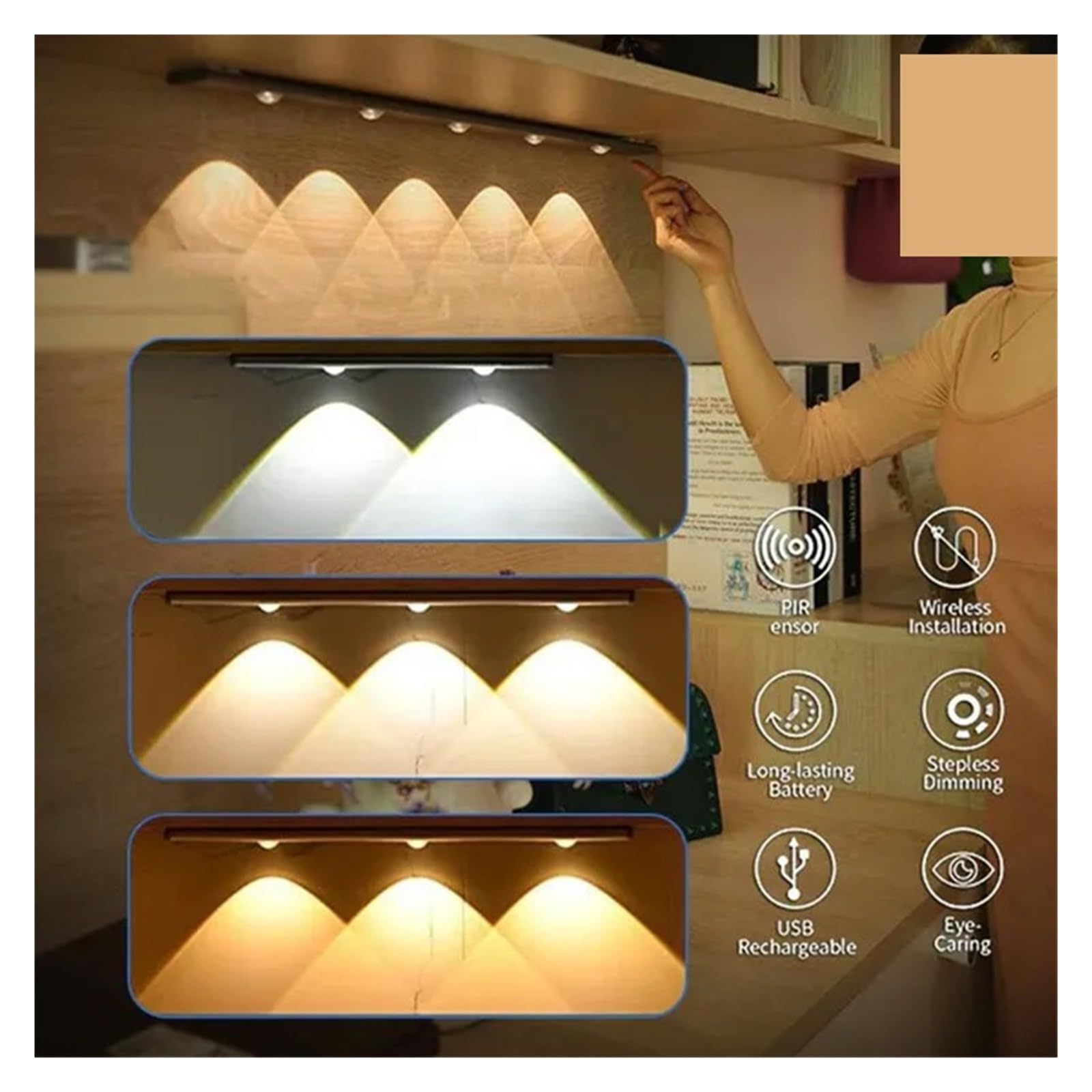 Unterschrank Leuchten USB LED Nachtlicht Sensor Drahtlose Ultra Dünne Wein Kühler Licht 3 Farbe For Küche Schrank Schlafzimmer Kleiderschrank Innen Beleuchtung(400mm-Silver,2Pcs)