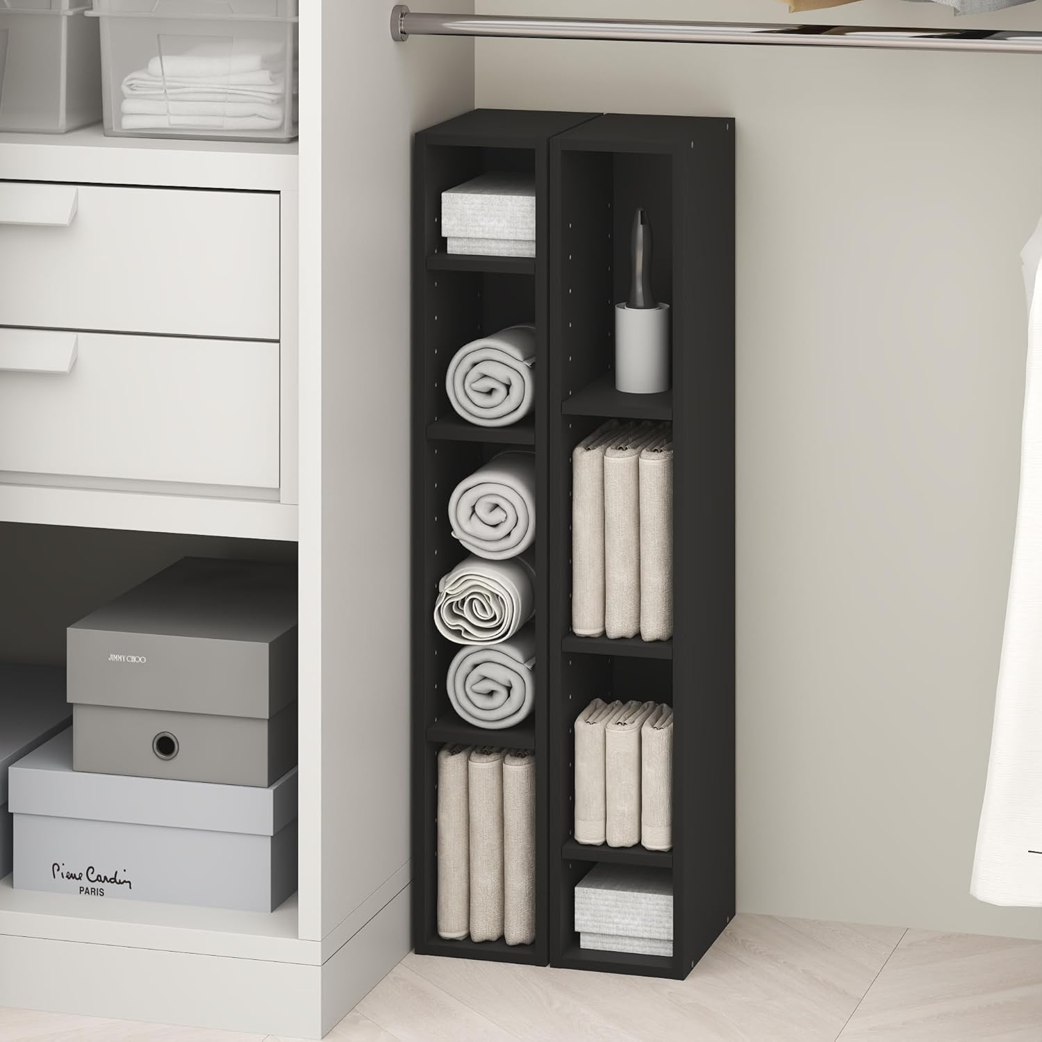 Two Furinno Fulda 8-Tier Closet Organizers used side-by-side in a closet