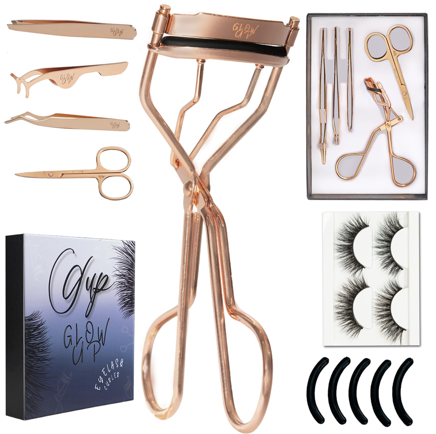 GLOW UP Kit Completo Rizador Pestañas-Pestañas Postizas De Pelo Natural Reutilizables y Accesorios de Alta Calidad para una Mirada Deslumbrante Incluye 5 almohadillas de Silicona.