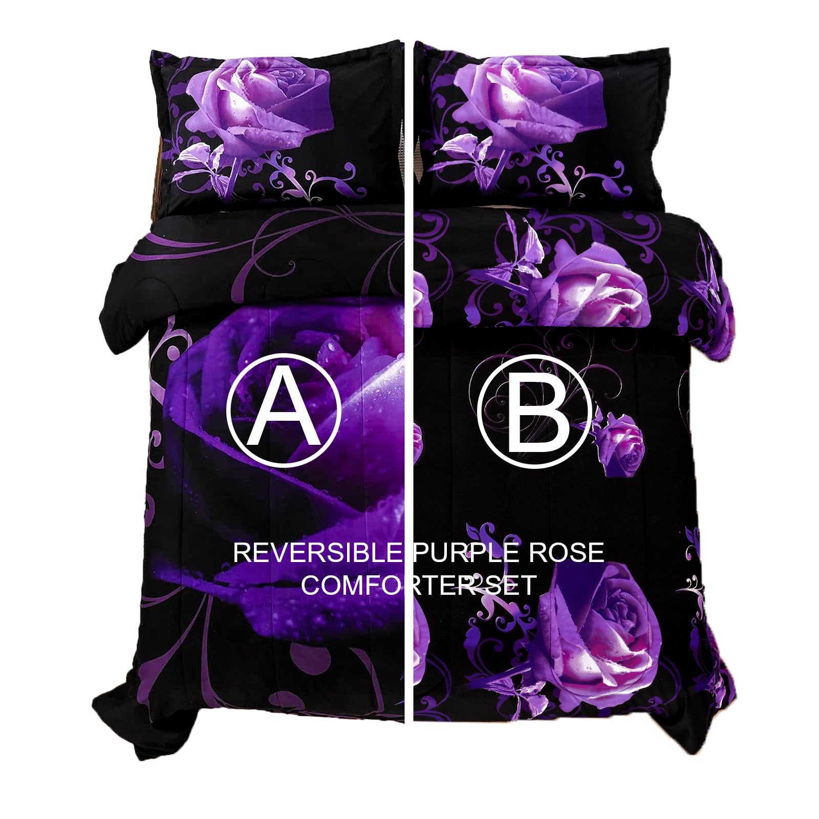 WONGS BEDDING Purple Comforter Set King Reversible Purple Rose Pattern Bedding Comforter with 2 Pillowcases for All Seasons, Soft Microfiber Filling Bedding 103