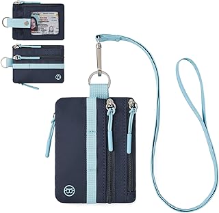 Small Wallet RFID, Minimalist Zip ID Case Wallet with Lanyard Keychain, Water Resistant Card Wallets for women & Men, Navy Blue and Sky Blue