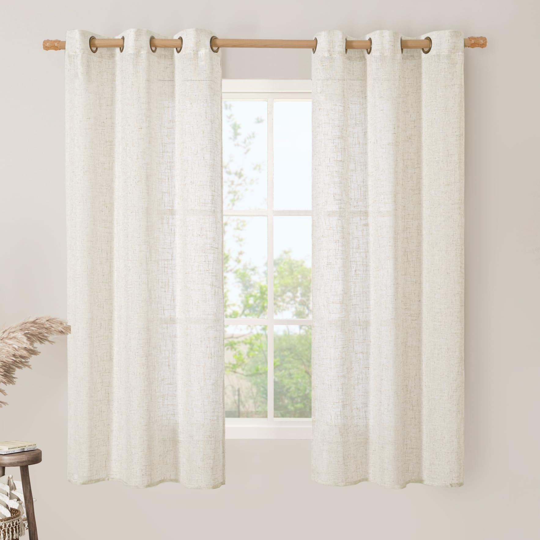LAMIT Sheer Linen Curtains 63 inches Length, Light Filtering Panels Bronze Grommet Linen Textured Neutral Drapes for Kitchen/Bedroom, Natural, 2 Panels, 34 x 63 Inch — image 1