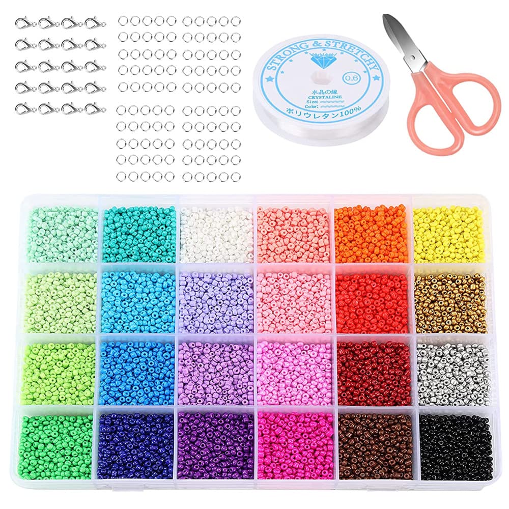 Spydge 24000pcs Glass Seed Beads 3mm Mixed Colors Small Pony Beads Assorted Kit with Elastic String Cords Scissors and Accessories DIY Material for Bracelets Jewelry Making and Crafts